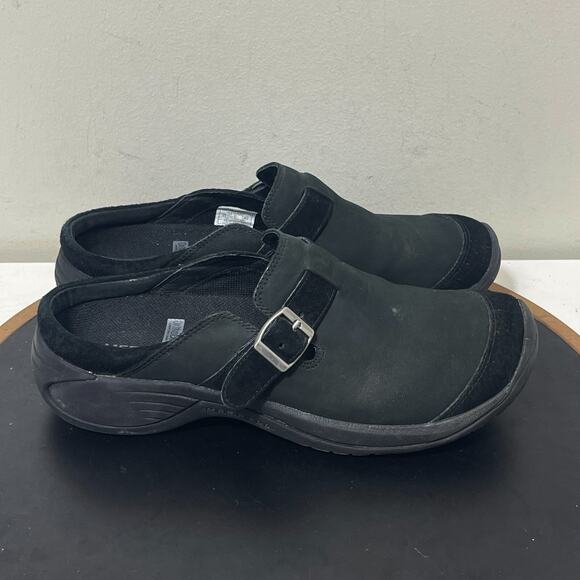 Merrell Shoes - Merrell Encore Buckle Black Leather Slip-On Mules Women 9.5 QForm OrthoLite